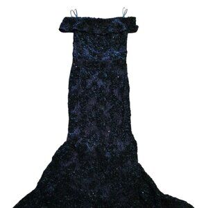 Xscape Off the Shoulder Short Sleeve Black Lace & Sequin Gown Navy Dress Size 8